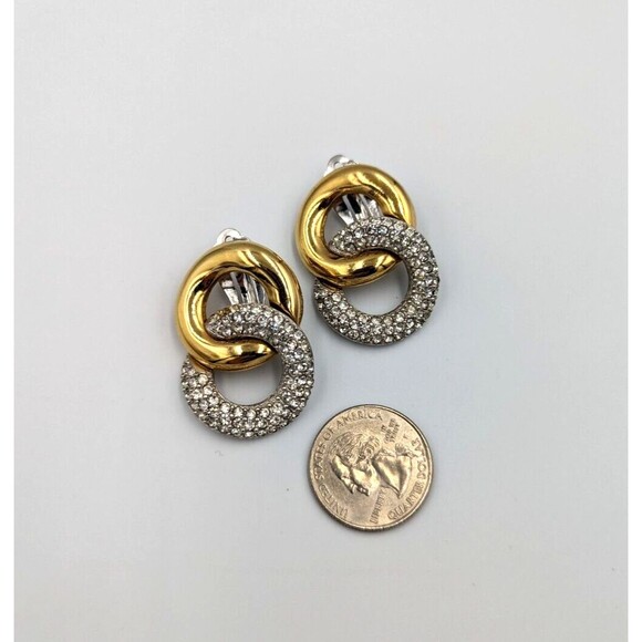 Vintage Givenchy Gold-Silver Tone Rhinestone Interlocking Links Clip On Earrings - Picture 9 of 9